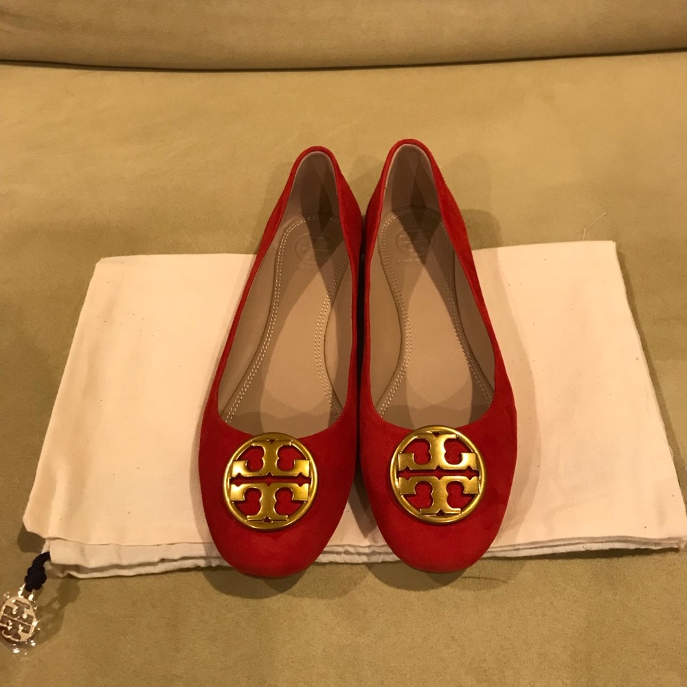 Tory Burch Red Suede Logo Ballet Flats with Gold Emblem